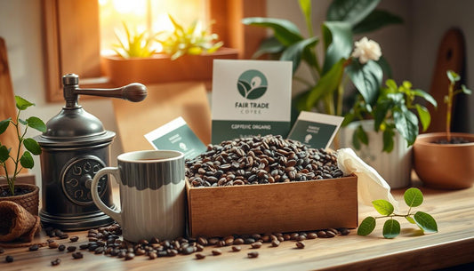 Coffee Beans sittong on a countertop in a small wooden box adjacent to a coffee mug.