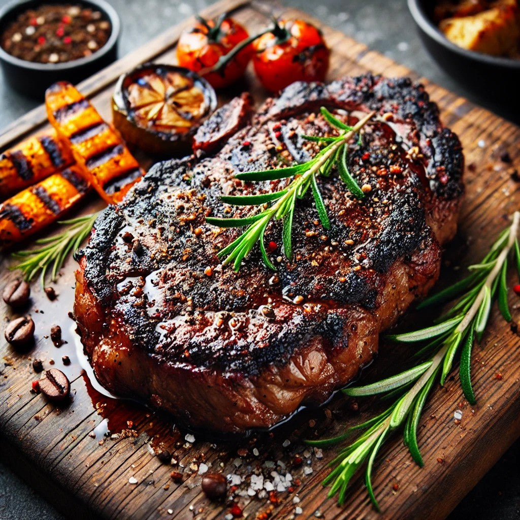 Coffee Rubbed Steak with a Rosemary spring garnish