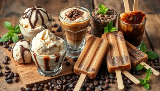 An assortment of coffee flavored ice cream bars and bowls of ice cream on a table surrounded by mint and coffee beans.