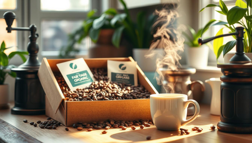 A cozy kitchen setting with a beautifully arranged coffee subscription box overflowing with fair trade organic coffee beans, surrounded by a steaming mug of freshly brewed coffee,