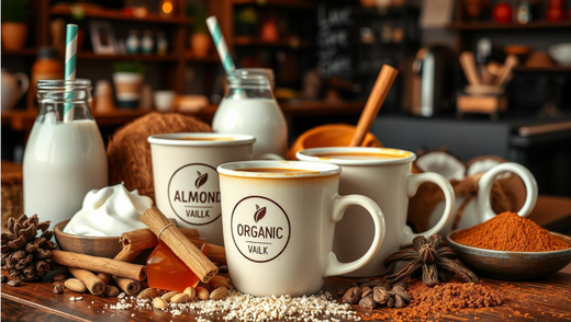 A visually appealing arrangement of organic coffee cups surrounded by various calorie-adding elements such as almond milk, coconut cream, honey, cinnamon sticks, vanilla pods, and cocoa powder, with a warm, inviting coffee shop background.
