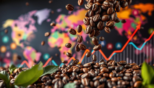 A dynamic coffee market scene illustrating fluctuating prices, with coffee beans cascading through a stylized graph representing price trends,