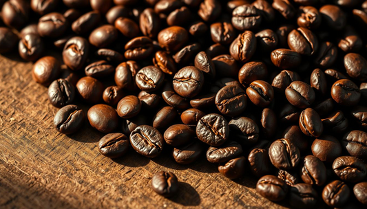 A close-up of freshly roasted French press coffee beans, their rich brown hues and oily surfaces illuminated by soft, diffused lighting.