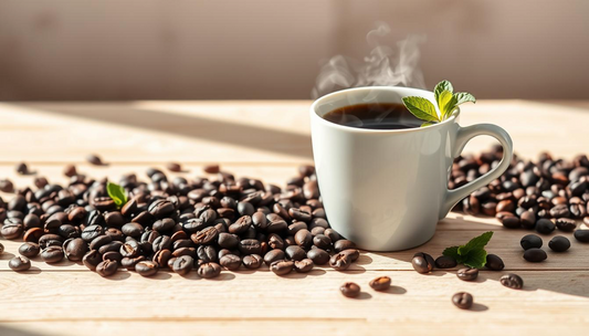 A steaming cup of freshly brewed organic swiss water decaf coffee, its rich aroma filling the air. The coffee beans, roasted to perfection, sit atop a wooden table, their dark hues contrasting against a crisp white background.