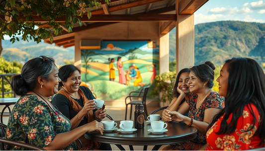 A serene outdoor cafe setting, with a warm, inviting atmosphere. In the foreground, a group of women of diverse ages and ethnicities are gathered around a table, sharing a cup of coffee and engaged in lively conversation. 