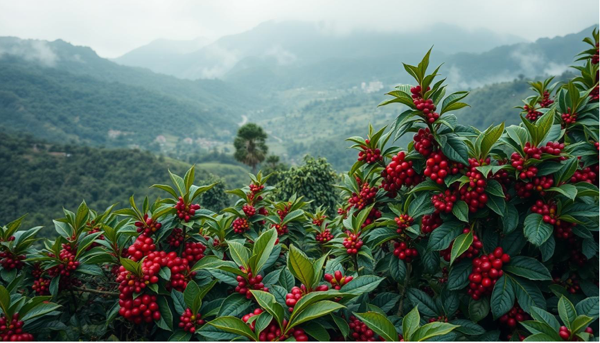 An aerial view of a lush, high-altitude coffee plantation nestled in a mountainous landscape. The coffee bushes are laden with vibrant red coffee cherries, thriving in the cool, misty air.