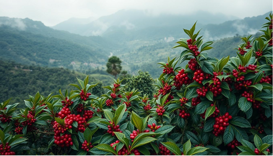 An aerial view of a lush, high-altitude coffee plantation nestled in a mountainous landscape. The coffee bushes are laden with vibrant red coffee cherries, thriving in the cool, misty air.