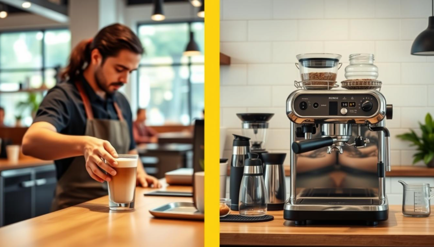 A modern, well-lit café interior with a barista preparing a latte, contrasted with a cozy home kitchen countertop featuring a high-end espresso machine and various brewing accessories.