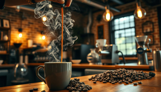 A cozy, artisanal café filled with the rich aroma of freshly brewed coffee. In the foreground, a barista pours steaming, dark-roasted espresso into a sleek, ceramic cup, creating a mesmerizing, cascading pattern.
