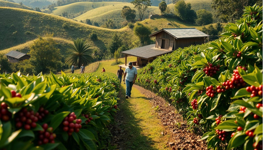 A lush, verdant coffee plantation nestled in rolling hills, with rows of organic coffee bushes thriving in the warm, dappled sunlight.