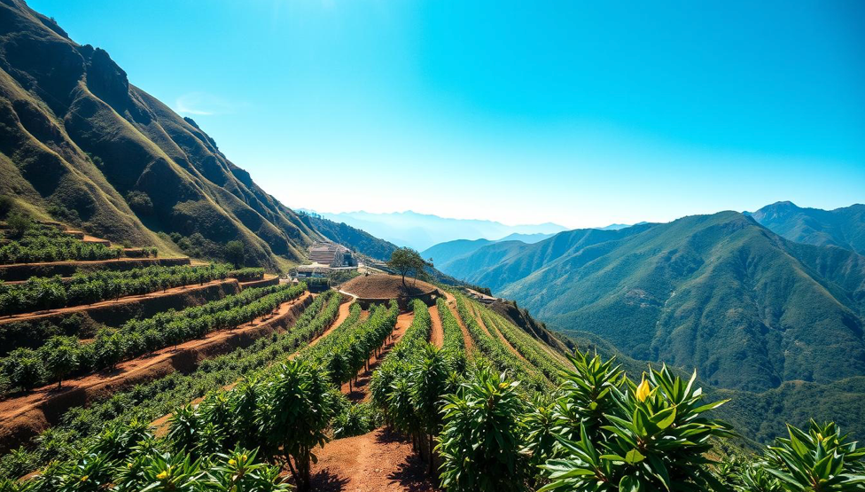 A coffee farm with mountains in the background amid a blue sky