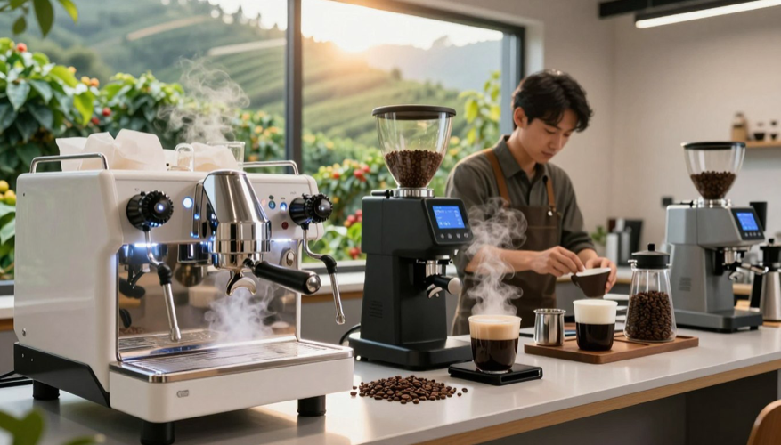 A young man at a coffee counter placing cream in his coffee cup.