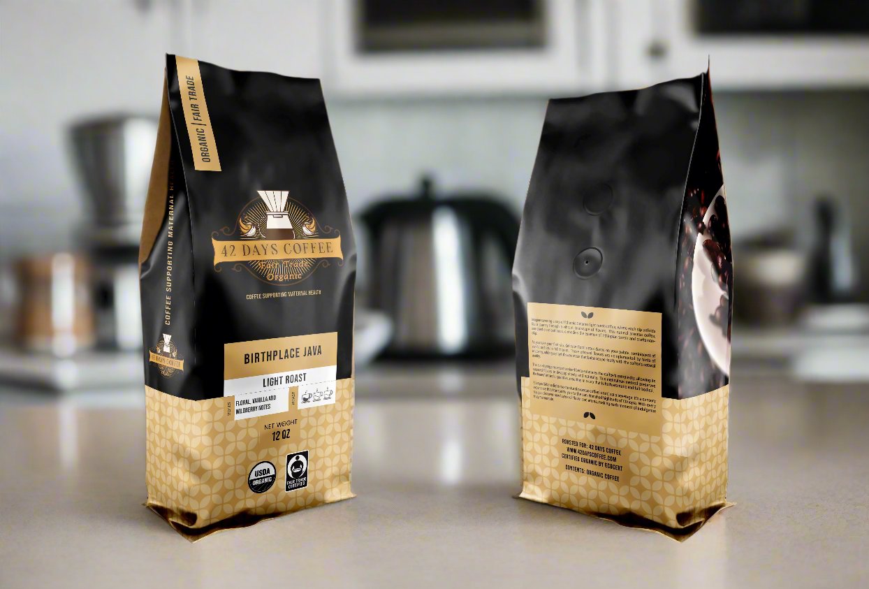 Front and back of the Birthplace Java coffee bag