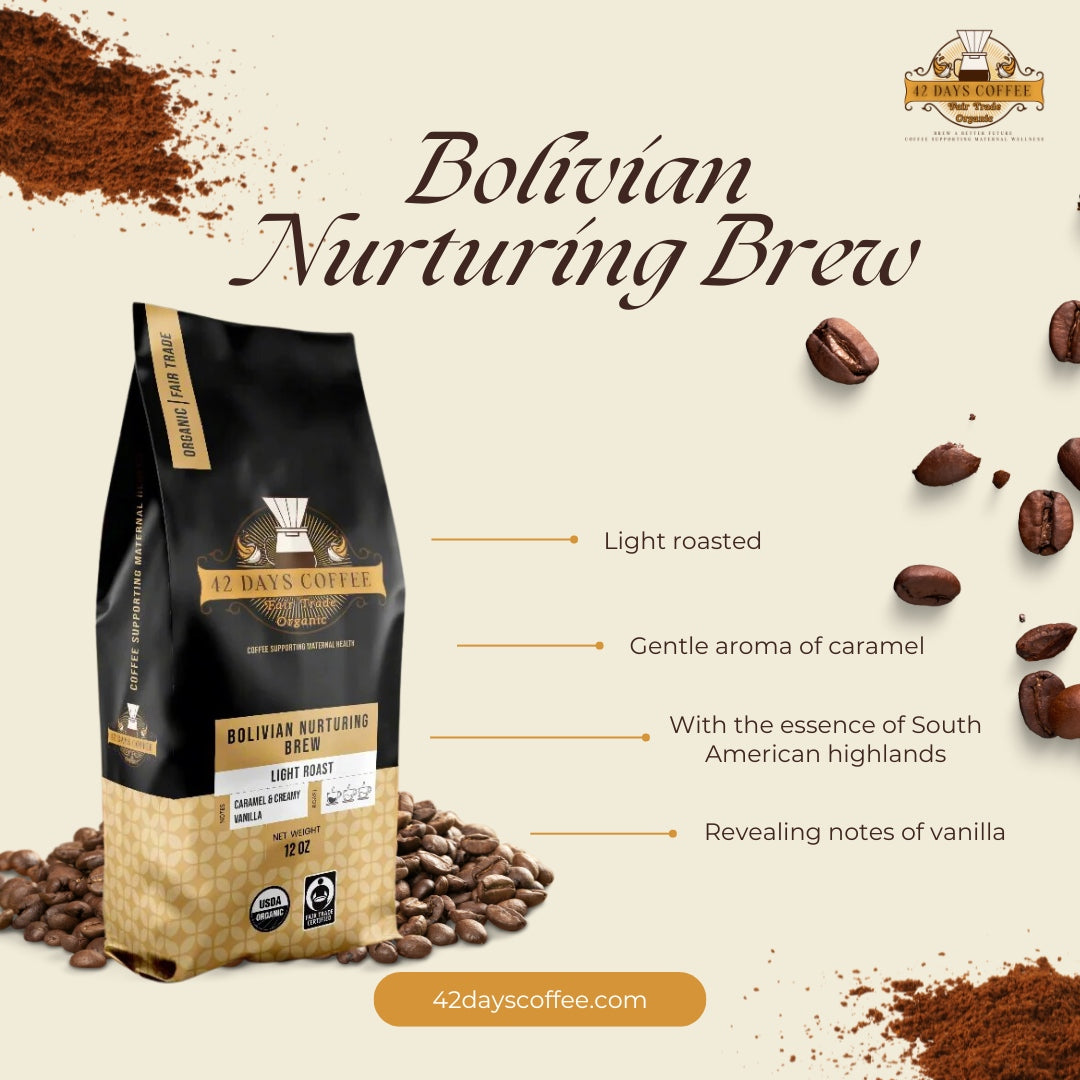 Bolivian Nurturing Brew coffee bag sitting on a counter with coffee beans around the base