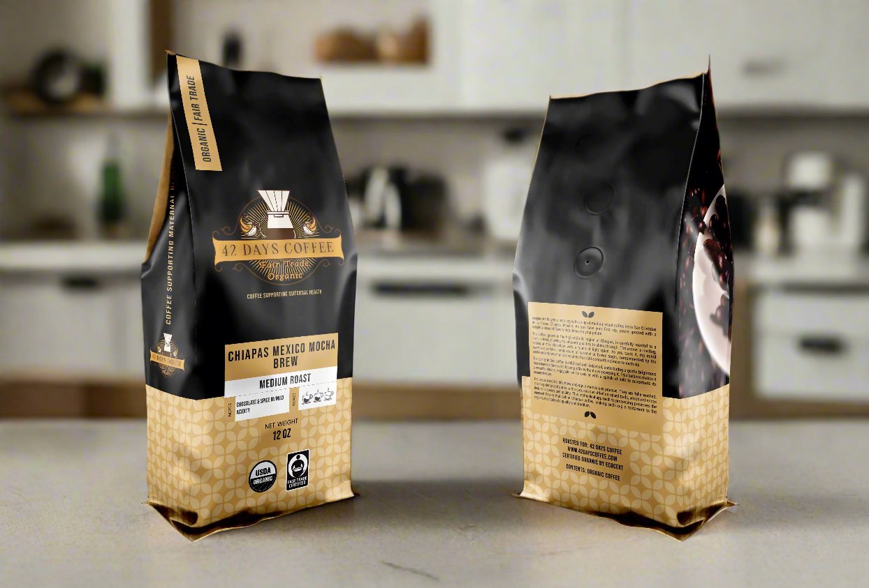 Front and back of a Chiapas Mexico coffee bag sitting on a counter