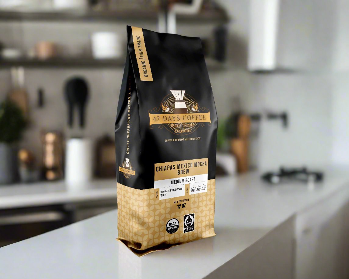 Chiapas Mexico medium roast coffee bag sitting on a counter