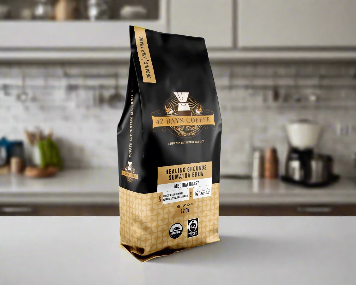 Healing Ground Sumatra Brew coffee bag sitting on a counter.