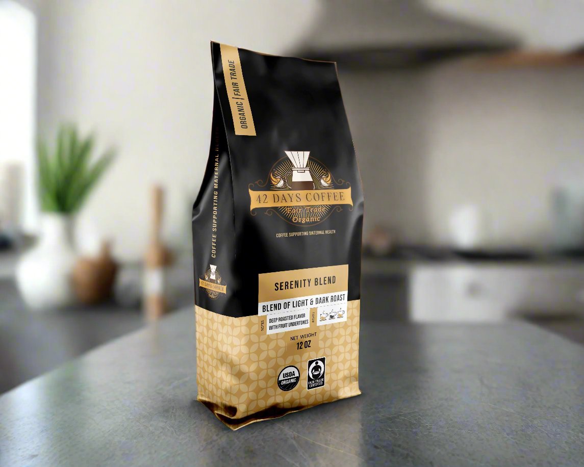 Serenity Blend coffee bag sitting on a counter - Front view