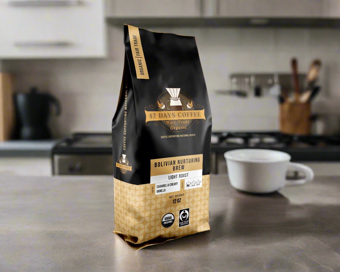Bolivian Nurturing Brew coffee bag sitting on a counter