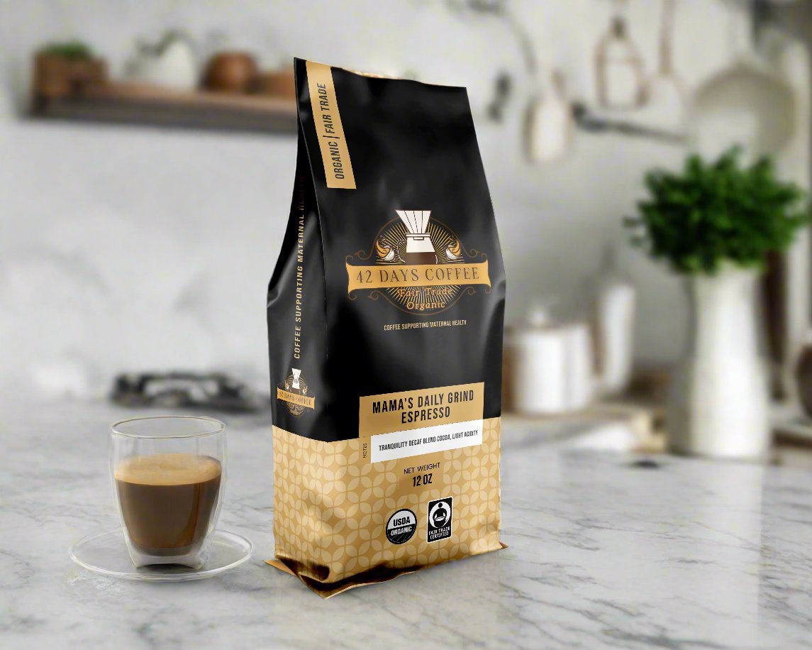 Mama's Daily Grind coffee bag sitting on a counter.