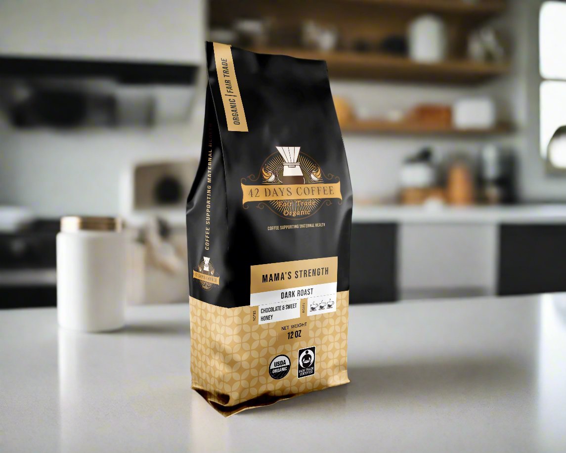 Coffee bag sitting on a counter