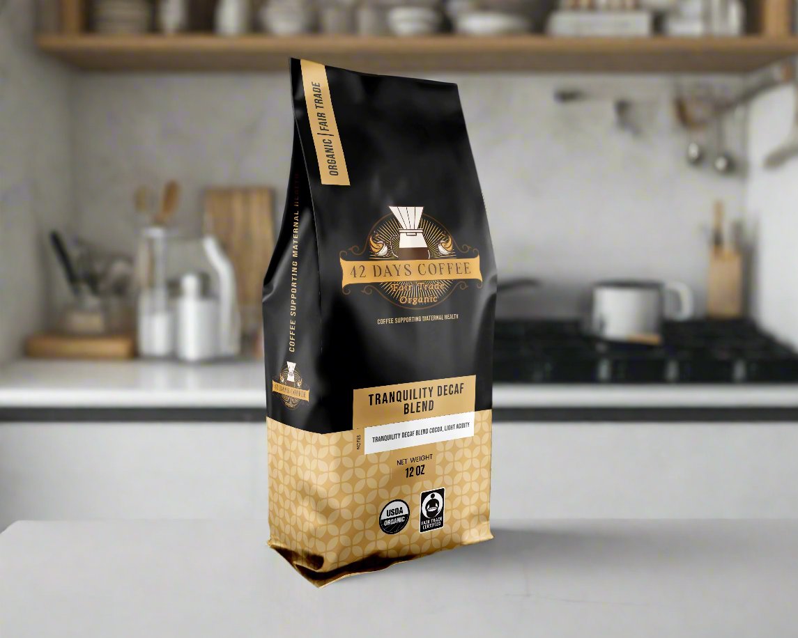 Tranquility Decaf Coffee bag sitting on a counter