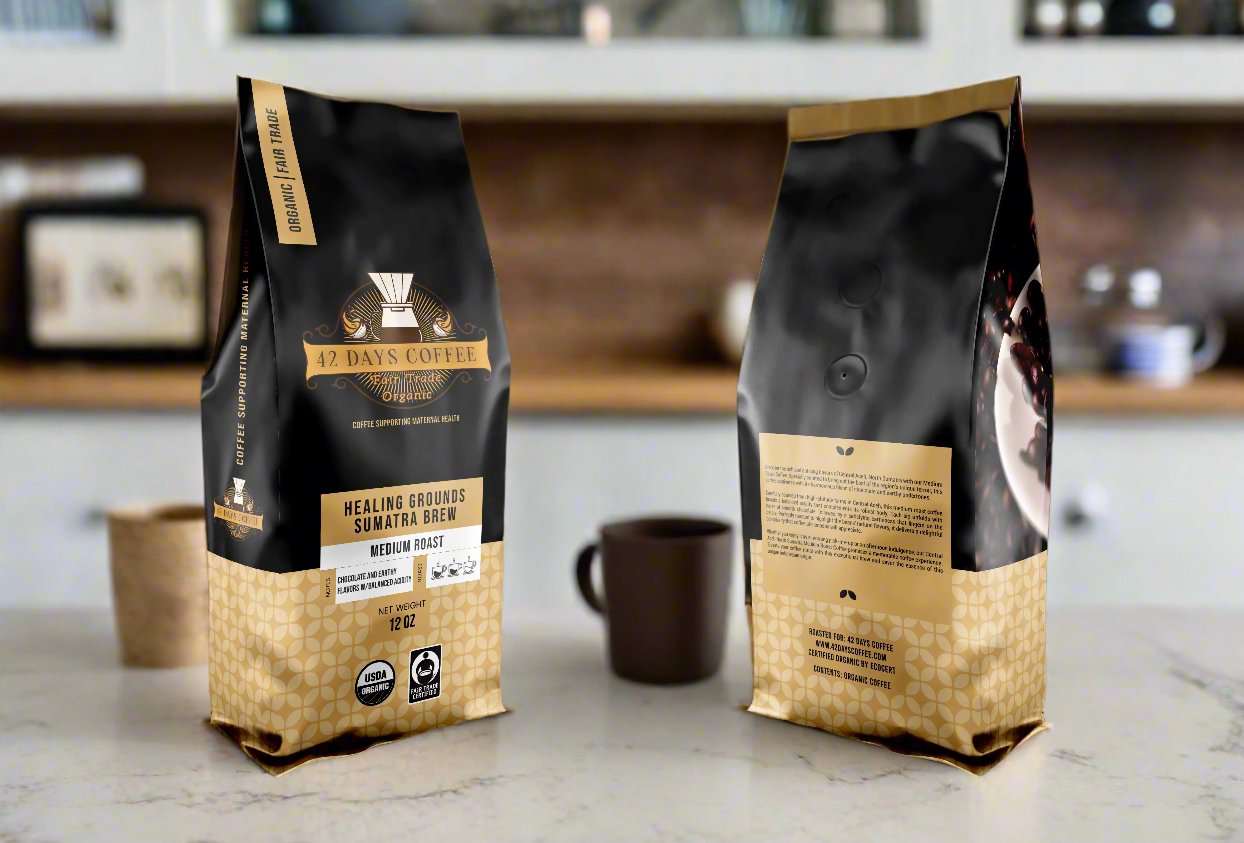 Front and back of the Healing Grounds Coffee bag.