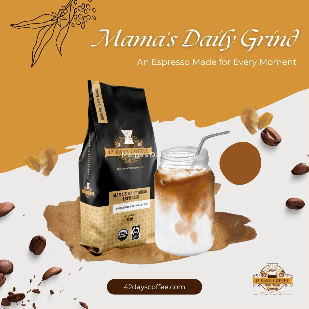 Mama's Daily Grind coffee bag in an iced-coffee advertisement
