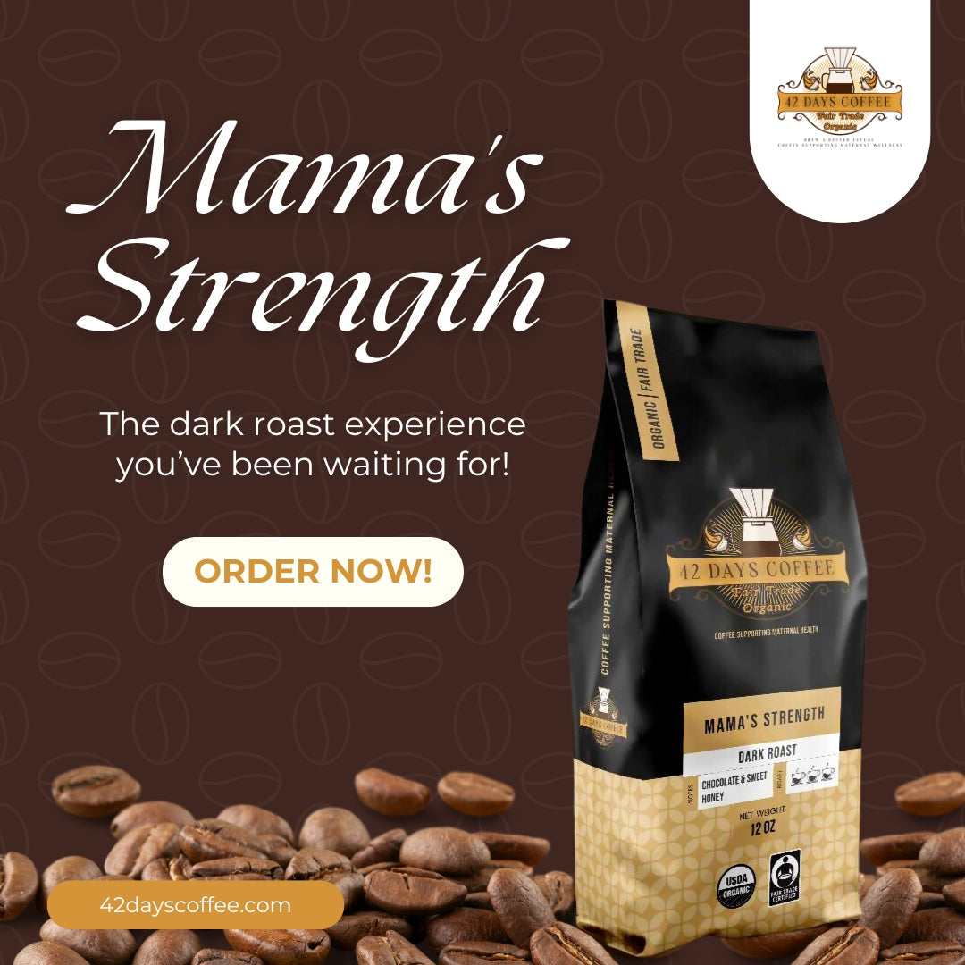 Mama's Strength coffee bags surrounded by coffee beans.  Used in an  advertisement.