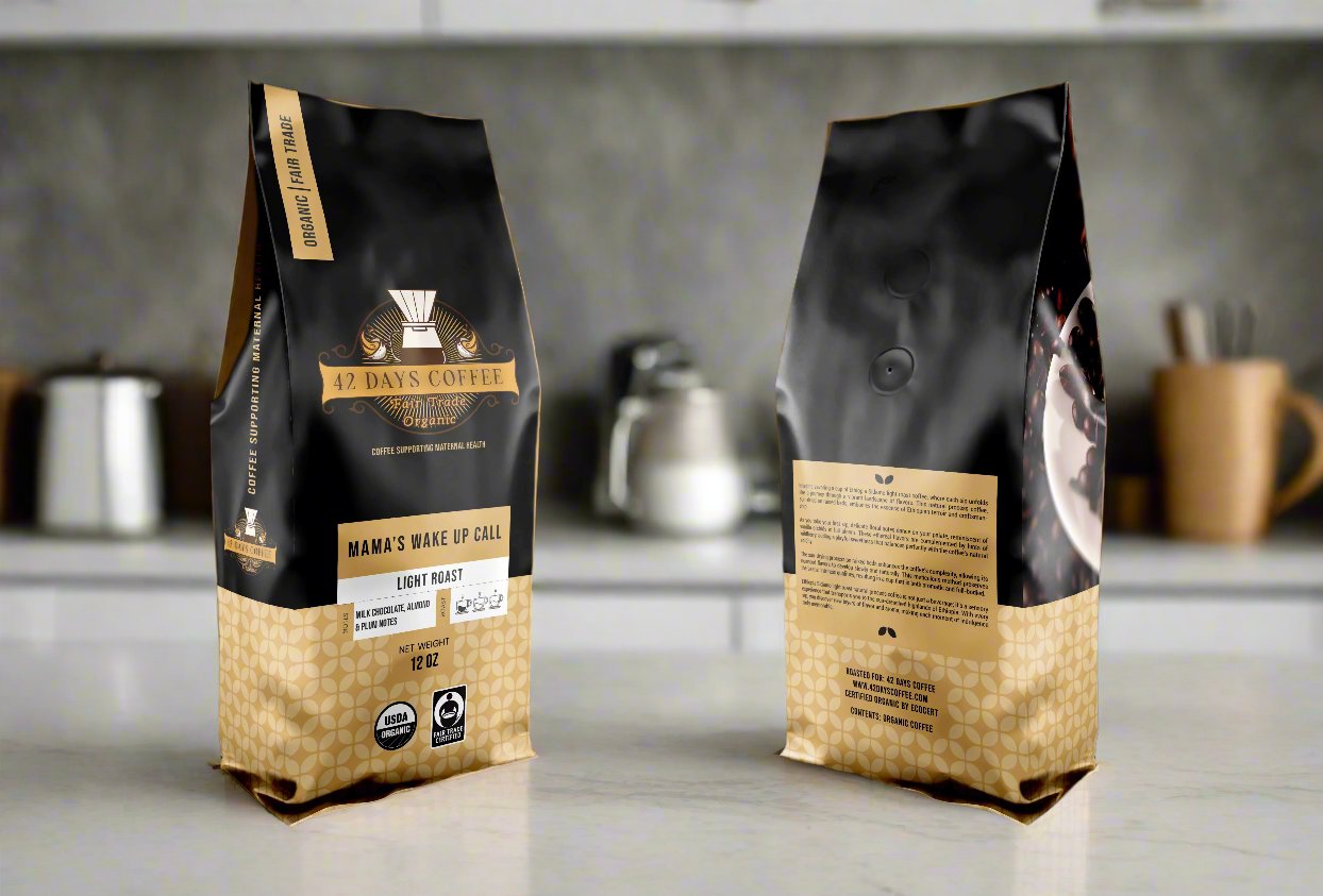 Mama's Wake Up Call coffee bags - Front and back view.