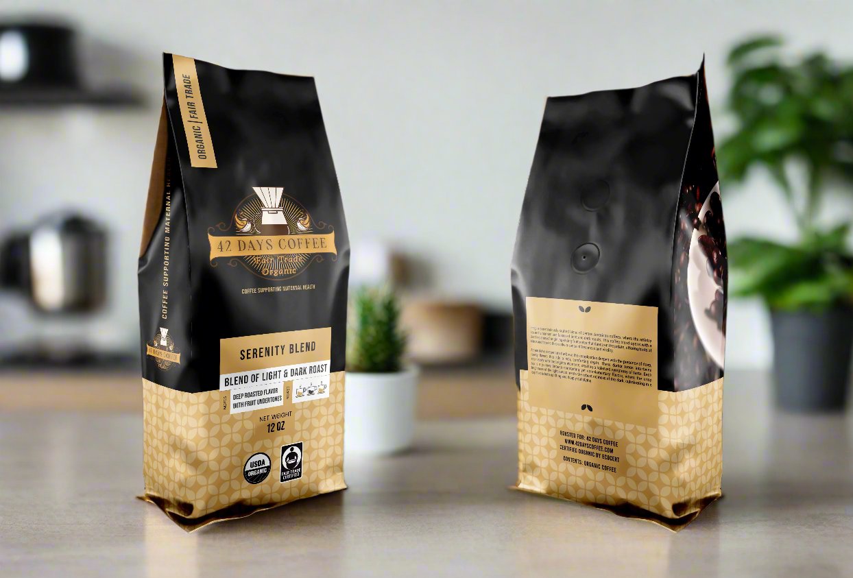 Serenity Blend coffee bags sitting on a counter. Front and back view