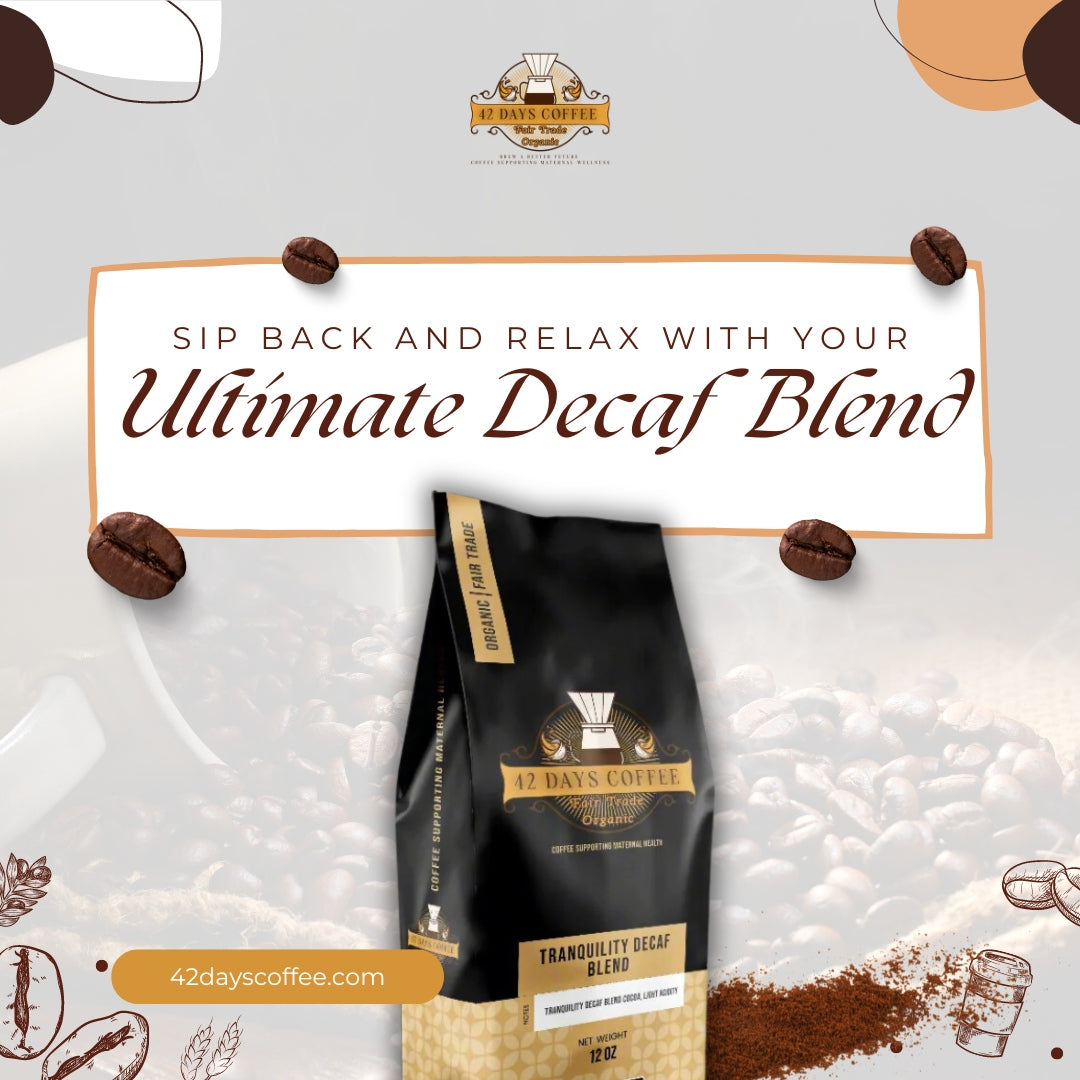 Tranquility Blend Decaf coffee bag with ground coffee around the base sitting on a table